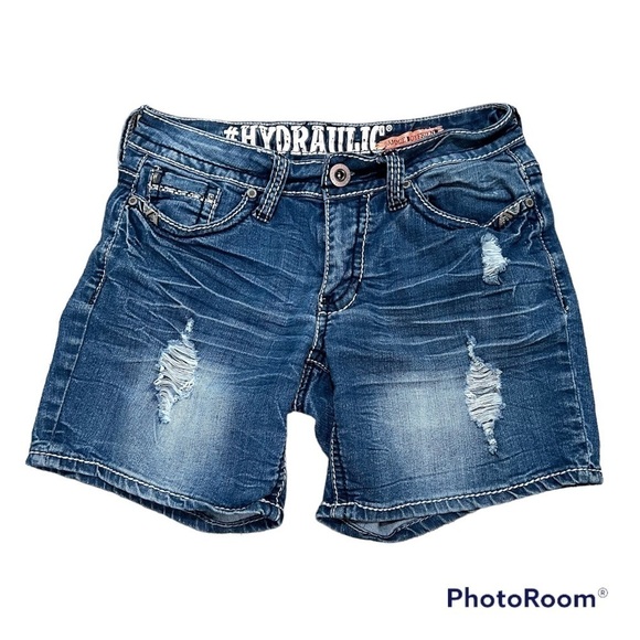 HYDRAULIC distressed denim jean shorts Sammie Boyfriend, embroidered pockets, 0. - Picture 1 of 14